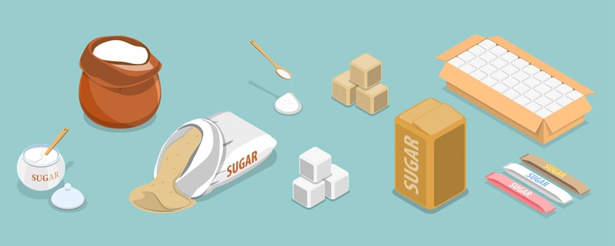 3D Isometric Flat Set of Sugar Items, Granulated, Powder, Cubes vector