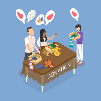 3D Isometric Flat Illustration of Charity and Donation Center, Social Care and Charity vector