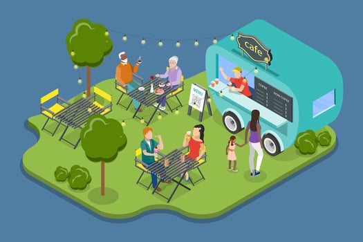 3D Isometric Flat Illustration of Street Food Restaurant, Summer Public Entertainment Party vector