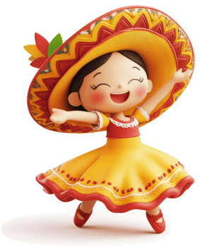 Joyful mexican girl in vibrant traditional attire. png
