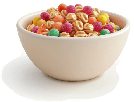 Colorful cereal mix in a beige bowl. png
