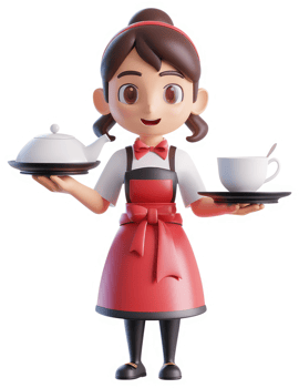 Cartoon girl character serving tea in a digital illustration. png