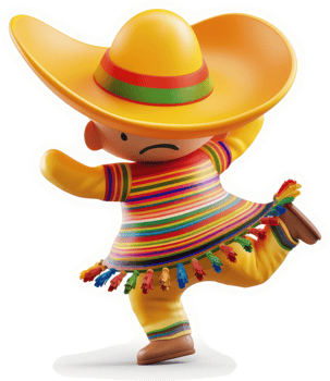 A cheerful cartoon figure in a colorful Mexican costume dances. png