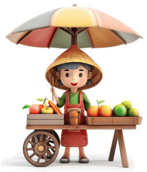 Smiling girl sells fruits from a cart under a colorful umbrella. png