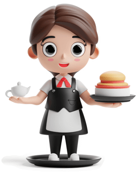 Smiling cartoon waitress carrying food and drink. png