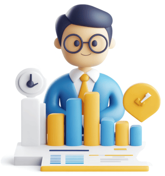 Smiling business person surrounded by graphs and a clock, symbolizing efficient work. png