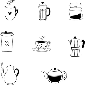 Hand Drawn Coffee Illustration , Outline coffee cups. vector