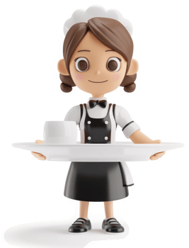 Smiling cartoon maid holding a tray with food. png