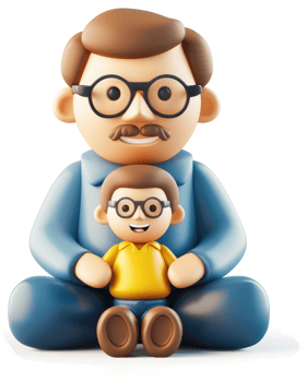 Smiling father and son sit together in a comforting pose. png