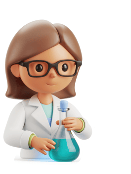 Smiling scientist character holds a teal beaker. png