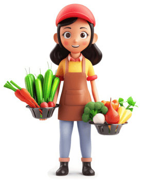 Smiling cartoon girl displays assorted fresh produce. png