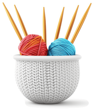 Knitted yarn bowl with knitting needles. png