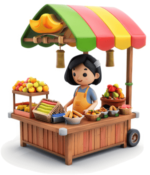 Colorful street food stall with a young vendor. png