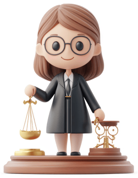 Cute cartoon lawyer figure with scales of justice. png