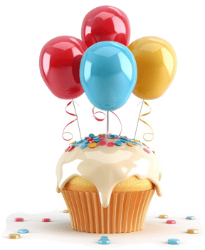 Festive cupcake with colorful balloons for a celebration. png
