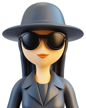 Stylish female detective character, in a dark blue suit. png