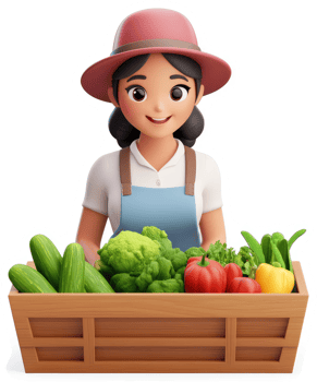 Animated female farmer displays a wooden crate full of fresh produce. png
