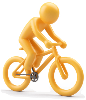 A cheerful, stylized figure rides a bicycle. png