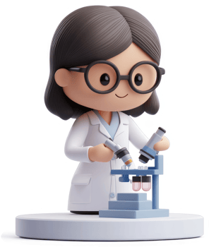 Cartoon female scientist meticulously working with laboratory equipment. png