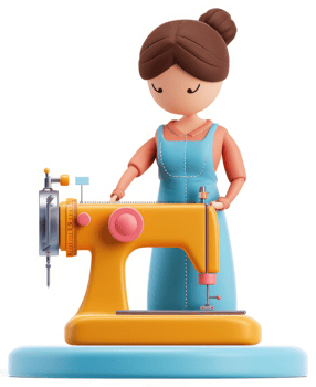 Smiling cartoon woman operates a vibrant yellow sewing machine. png