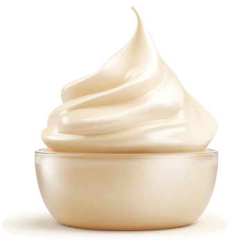 Creamy, whipped topping in a small glass bowl. png