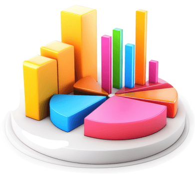 Colorful bar and pie charts illustrate data visualization. png