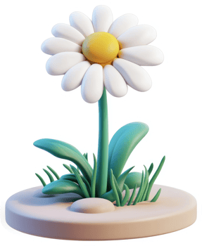 Smiling white daisy with green leaves and grass. png