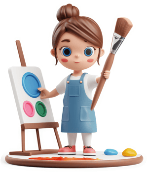 Smiling girl artist poses with paintbrush and easel. png