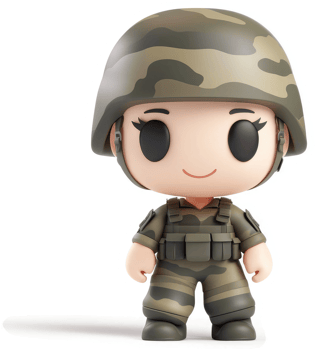 Cheerful cartoon soldier figurine in camouflage uniform. png