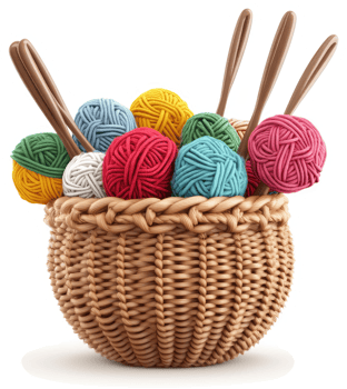 Colorful yarn balls and knitting needles in a woven basket. png