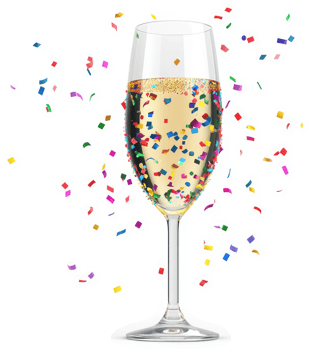 Sparkling champagne glass surrounded by confetti. png