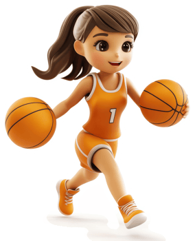 Animated girl in orange uniform dribbling basketballs. png