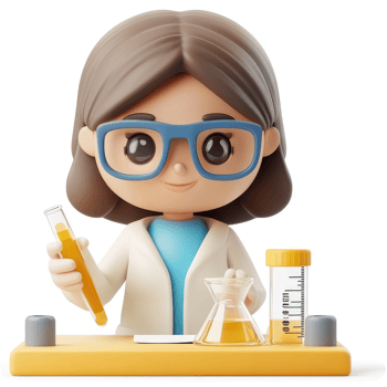 Cartoon female scientist conducts laboratory experiment. png