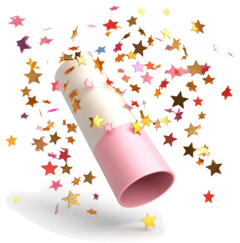 Colorful stars burst forth from a pink and white cylindrical container. png