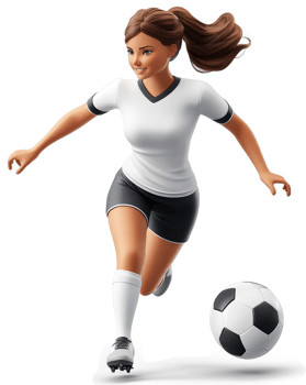 Animated female soccer player in dynamic action. png