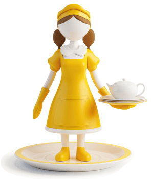 3D illustration of a yellow-clad waitress carrying a tray. png