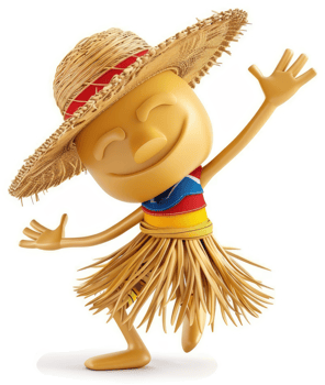 Animated, happy figure in straw hat and skirt dances joyfully. png