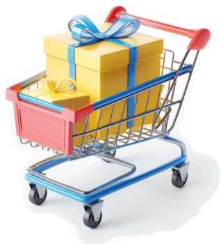Shopping cart overflowing with a large gift. png