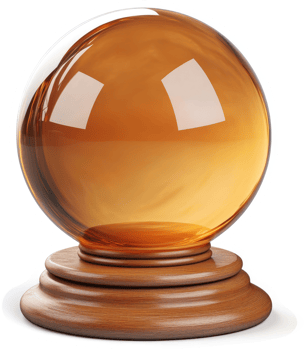 Amber-hued crystal ball rests atop a wooden pedestal. png