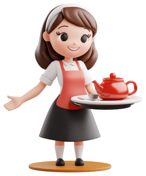 Cheerful cartoon waitress presenting a beverage service. png