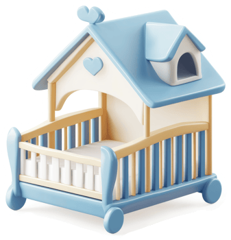 Light-blue, stylized baby crib, designed as a miniature house. png