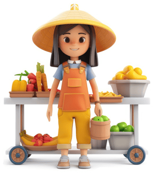 A cheerful young girl stands behind a mobile produce cart, offering fresh fruit and vegetables. png