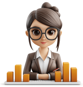 Cartoon businesswoman with graphs represents success. png