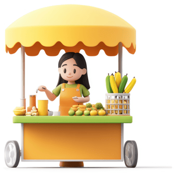 Smiling girl operates a vibrant fruit stand. png