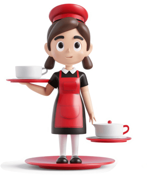Smiling girl waiter presents a tray of cups. png
