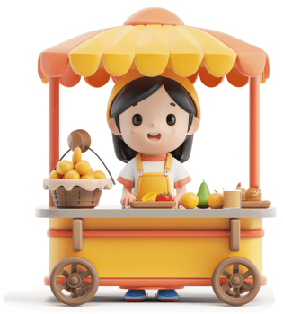 Smiling girl operates a cheerful fruit and snack cart. png