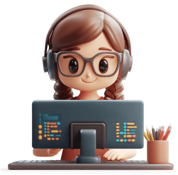 Smiling cartoon girl with headphones and glasses working on computer. png