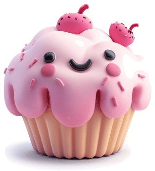Smiling pink cupcake with cherry decorations. png