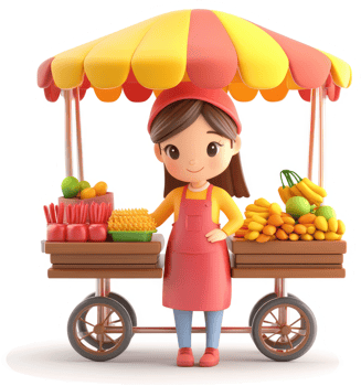 Cartoon vendor sells fresh fruit at a roadside stand. png