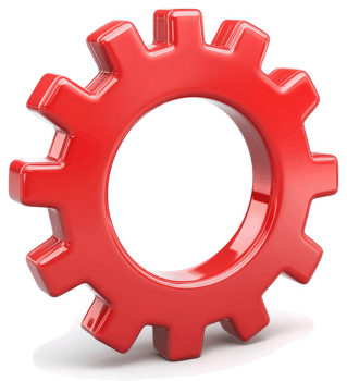 A glossy, red gear symbol depicts mechanical function. png